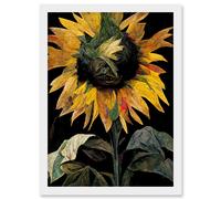 Artery8 Single Sunflower Yellow Black Green Floral Artwork Framed Wall Art Print A4 in White Artery8 White