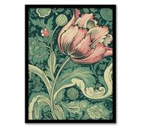 Artery8 Single Tulip Flower Art Nouveau Painting Pastel Colour Teal Blue Pink William Morris Style Spring Bloom Colourful Bright Floral Modern Artwork Art Print Framed Poster Wall Decor 12x16 inch
