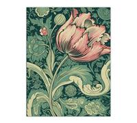 Wall Art Print Single Tulip Flower Art Nouveau Painting Pastel Colour Teal Blue Pink William Morris Style Spring Bloom Colourful Bright Floral Modern Artery8 Green W24 inch x H32 inch