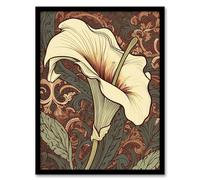 Artery8 Single White Cala Lily Flower Art Nouveau Painting Pastel Colour Teal Green Red William Morris Style Patterns Colourful Bright Floral Modern Artwork Art Print Framed Poster 12x16 inch