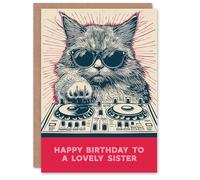 Artery8 Sister Happy Birthday Card DJ Moggie Retro Cool Cat On Decks Fun Funny For Her Greeting Card