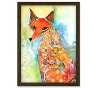 Artery8 Sitting Fox Folk Art Watercolour Painting Artwork Framed Wall Art Print A4 in Brown Artery8 Brown