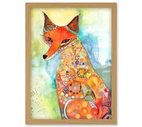 Artery8 Sitting Fox Folk Art Watercolour Painting Artwork Framed Wall Art Print A4 in Light Oak Artery8 Light Oak