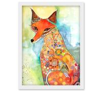 Artery8 Sitting Fox Folk Art Watercolour Painting Artwork Framed Wall Art Print A4 in White Artery8 White
