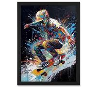 Artery8 Skateboarder Skating Multicoloured Splat Paint Artwork Framed A3 Wall Art Print