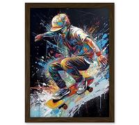Artery8 Skateboarder Skating Multicoloured Splat Paint Artwork Framed A3 Wall Art Print