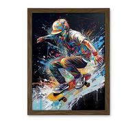 Artery8 Skateboarder Skating Multicoloured Splat Paint Artwork Framed Wall Art Print 18X24 Inch