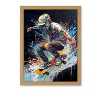 Artery8 Skateboarder Skating Multicoloured Splat Paint Artwork Framed Wall Art Print 18X24 Inch