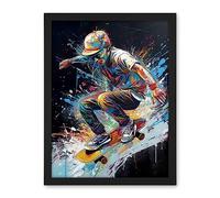Artery8 Skateboarder Skating Multicoloured Splat Paint Artwork Framed Wall Art Print 18X24 Inch