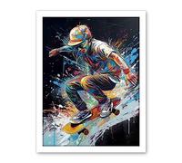 Artery8 Skateboarder Skating Multicoloured Splat Paint Artwork Framed Wall Art Print 18X24 Inch