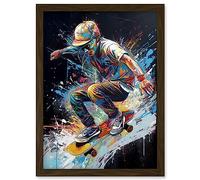 Artery8 Skateboarder Skating Multicoloured Splat Paint Artwork Framed Wall Art Print A4