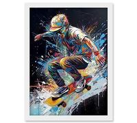 Artery8 Skateboarder Skating Multicoloured Splat Paint Artwork Framed Wall Art Print A4