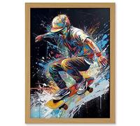 Artery8 Skateboarder Skating Multicoloured Splat Paint Artwork Framed Wall Art Print A4