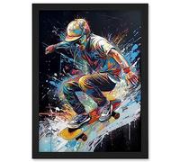 Artery8 Skateboarder Skating Multicoloured Splat Paint Artwork Framed Wall Art Print A4