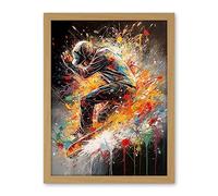 Artery8 Skateboarder Vibrant Splat Paint Action Shot Artwork Framed Wall Art Print 18X24 Inch