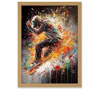 Artery8 Skateboarder Vibrant Splat Paint Action Shot Artwork Framed Wall Art Print A4