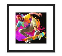 Artery8 Skater Skateboarding Jump Air Modern Neon Multicoloured Acrylic Paint Splatter Painting Square Wooden Framed Wall Art Print Picture 8X8 Inch Artery8 Black