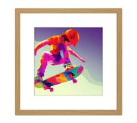 Artery8 Skater Skateboarding Jump Modern Neon Multicoloured Polygon Geometric Painting Square Wooden Framed Wall Art Print Picture 8X8 Inch Artery8 Light Oak