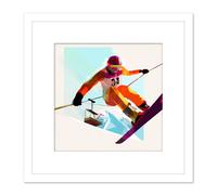 Artery8 Skier In Jump Motion Ski Skiing Bright Watercolour Snow Mountain Winter Sport Square Wooden Framed Wall Art Print Picture 8X8 Inch in White Artery8 White