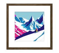 Artery8 Skier Ski Aspen France Switzerland Snowy Snow Mountain Landscape Vibrant Blue Pink Winter Sport Square Wooden Framed Wall Art Print Picture Artery8 Brown