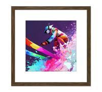 Artery8 Skier Ski Skiing Action Jump Motion Vibrant Watercolour Multicoloured Snow Winter Sport Square Wooden Framed Wall Art Print Picture 8X8 Inch Artery8 Brown