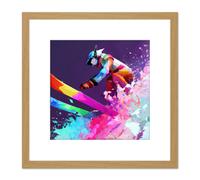 Artery8 Skier Ski Skiing Action Jump Motion Vibrant Watercolour Multicoloured Snow Winter Sport Square Wooden Framed Wall Art Print Picture 8X8 Inch Artery8 Light Oak