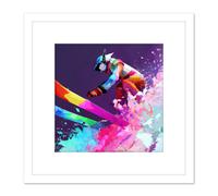 Artery8 Skier Ski Skiing Action Jump Motion Vibrant Watercolour Multicoloured Snow Winter Sport Square Wooden Framed Wall Art Print Picture 8X8 Inch Artery8 White