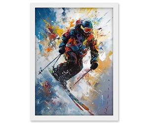 Artery8 Skier Skiing Down Slope Vibrant Splat Art Painting Artwork Framed A3 Wall Art Print
