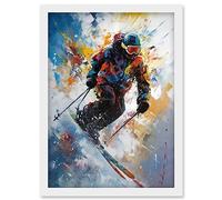 Artery8 Skier Skiing Down Slope Vibrant Splat Art Painting Artwork Framed Wall Art Print A4