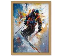 Artery8 Skier Skiing Down Slope Vibrant Splat Art Painting Artwork Framed Wall Art Print A4