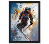 Artery8 Skier Skiing Down Slope Vibrant Splat Art Painting Artwork Framed Wall Art Print A4