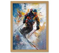 Skier Skiing Down Slope Vibrant Splat Art Painting Artwork Framed Wall Art Print A4 Artery8 Light Oak One Size
