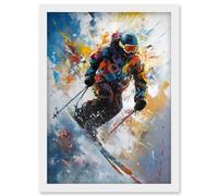 Skier Skiing Down Slope Vibrant Splat Art Painting Artwork Framed Wall Art Print A4 Artery8 White One Size