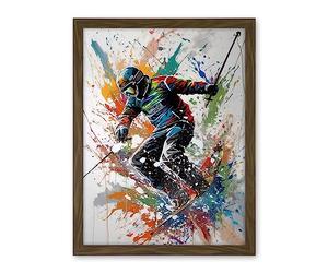 Artery8 Skier Skiing Multicoloured Paint Splat Action Shot Artwork Framed Wall Art Print 18X24 Inch