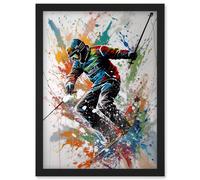 Artery8 Skier Skiing Multicoloured Paint Splat Action Shot Artwork Framed Wall Art Print A4 in Black Artery8 Black