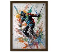 Skier Skiing Multicoloured Paint Splat Action Shot Artwork Framed Wall Art Print A4 Artery8 Brown One Size