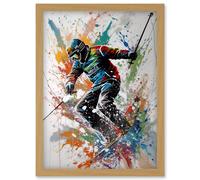 Artery8 Skier Skiing Multicoloured Paint Splat Action Shot Artwork Framed Wall Art Print A4