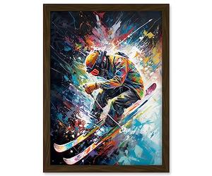 Artery8 Skier Skiing Vibrant Splatter Art Motion Painting Artwork Framed A3 Wall Art Print