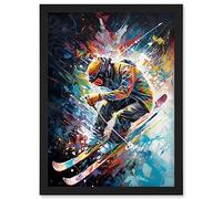 Skier Skiing Vibrant Splatter Art Motion Painting Artwork Framed Wall Art Print A4 Artery8 Black One Size