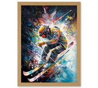 Skier Skiing Vibrant Splatter Art Motion Painting Artwork Framed Wall Art Print A4 Artery8 Light Oak One Size