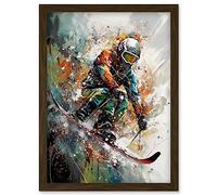 Artery8 Skier Skiing Winter Sport Paint Splat Painting Artwork Framed Wall Art Print A4