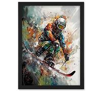 Artery8 Skier Skiing Winter Sport Paint Splat Painting Artwork Framed Wall Art Print A4