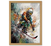 Skier Skiing Winter Sport Paint Splat Painting Artwork Framed Wall Art Print A4 Artery8 Light Oak One Size