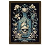 Artery8 Skull Glass Jar and Flowers Tattoo Ink Body Art Rockabilly Americana 50s Artwork Framed Wall Art Print A4