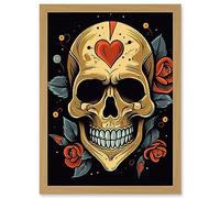Artery8 Skull Heart and Roses Tattoo Ink Body Art Rockabilly Americana 50s Artwork Framed A3 Wall Art Print