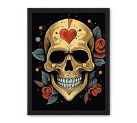 Artery8 Skull Heart and Roses Tattoo Ink Body Art Rockabilly Americana 50s Artwork Framed Wall Art Print 18X24 Inch