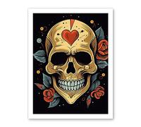Artery8 Skull Heart and Roses Tattoo Ink Body Art Rockabilly Americana 50s Artwork Framed Wall Art Print 18X24 Inch