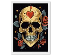 Artery8 Skull Heart and Roses Tattoo Ink Body Art Rockabilly Americana 50s Artwork Framed Wall Art Print A4