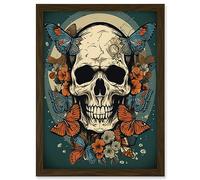 Artery8 Skull Moths Old School USA Tattoo Ink Body Art Rockabilly Americana 50s Artwork Framed A3 Wall Art Print