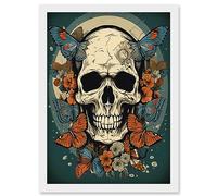 Artery8 Skull Moths Old School USA Tattoo Ink Body Art Rockabilly Americana 50s Artwork Framed Wall Art Print A4
